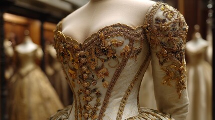 Obraz premium Elegant Vintage Wedding Dress with Intricate Embroidery and Beading