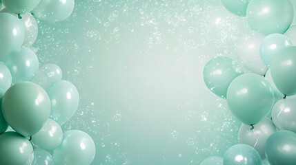 Pastel birthday celebration with confetti and balloons mint green party background joyful atmosphere