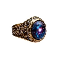Celestial Galaxy Signet Ring Ornate Gold Band with Cosmos Cabochon
