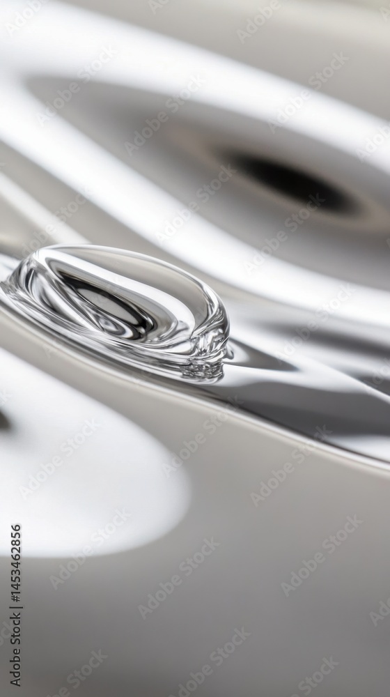 Poster liquid drop on silver surface reflecting light and shadows in abstract composition