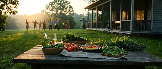 Group Of People Celebrating Outdoors With Fresh Vegetables