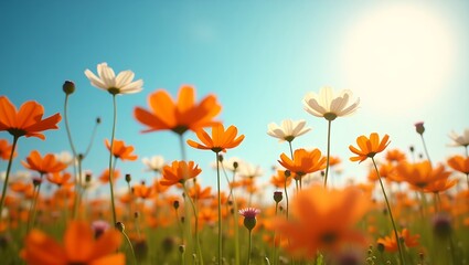 Obraz premium Blooming orange and white cosmos flowers reach toward a clear blue sky, sunlit and serene, capturing the warmth and beauty of a peaceful spring day.