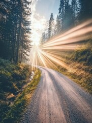 Obraz premium Serene Forest Path Bathed in Golden Sunlight Awaits Exploration and Adventure in Nature's Embrace