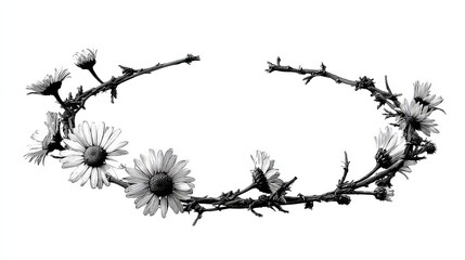Black and White Floral Wreath with Daisies and Thorny Branches