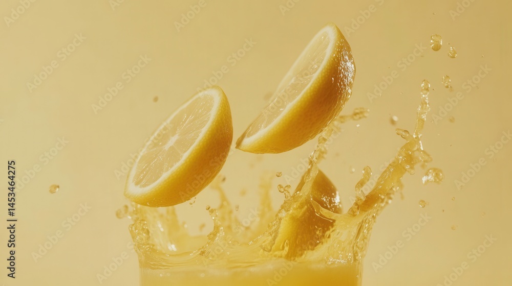 Aufkleber lemon slices plunging into glass of juice creating a splash on a yellow background refreshing drink