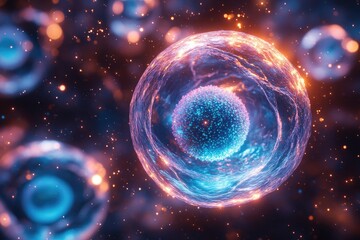 Obraz premium Close-up view of vibrant, glowing cells in a scientific illustration.