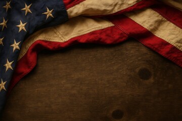 Patriotic American Flag on Rustic Wooden Background Vintage Style National Pride Symbolism Independence Day Memorial Day Veteran Remembrance USA Flag Image Red White Blue Stars Stripes Grunge Texture 