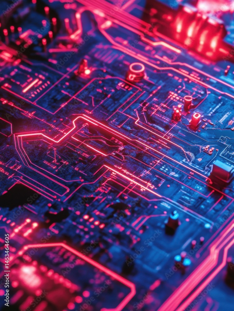Poster futuristic circuit board with red and blue lights illuminating the intricate pathways