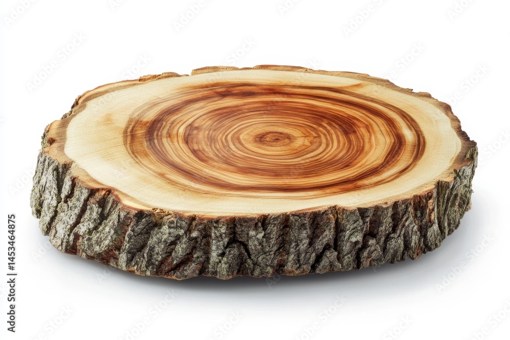 Aufkleber isolated cross section of tree trunk with visible growth rings and bark texture on white