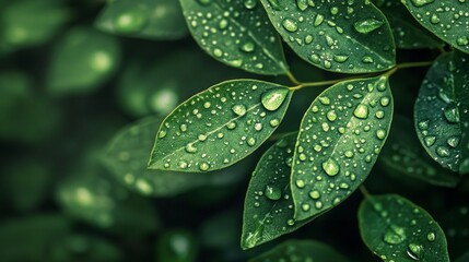 Fototapeta premium background image of close-up green leaves with fresh dewdrops, showcasing the beauty of nature, realistic style, soft lighting, fresh and calming atmosphere