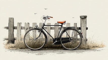 Fototapeta premium Classic Vintage Bicycle Next to a Rustic Wooden Fence in a Field