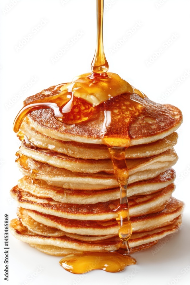 Poster delicious pancake stack with dripping syrup and butter on top isolated on white background