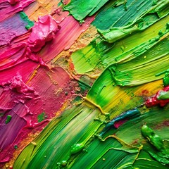 Closeup of abstract rough colorful green pink colors art painting texture background wallpaper, with oil or acrylic brushstroke waves, pallet knife paint on canvas