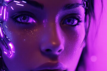 Cinematic portrait of a female cyborg with glowing purple accents and expressive features, Female cyborg portrait cinematic close up purple