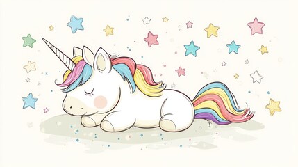 Cute, sleeping unicorn surrounded by stars.  A whimsical, pastel-colored unicorn lying down, eyes closed, with a rainbow mane and tail.  Stars of various sizes and colors are scattered around