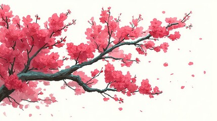 Fototapeta premium Vibrant Pink Blossoms on a Branch with Falling Petals in Spring