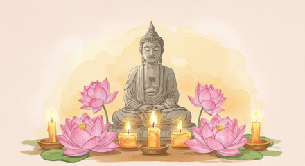 Buddha statue lotus candles artwork