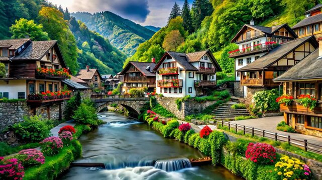 Serene river flowing through a picturesque village nestled in a lush valley