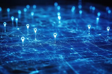 Obraz premium Visual representation of a blue city map featuring abstract GPS pins and white connections illustrating urban navigation, Blue city map with abstract GPS pins and white connection lines