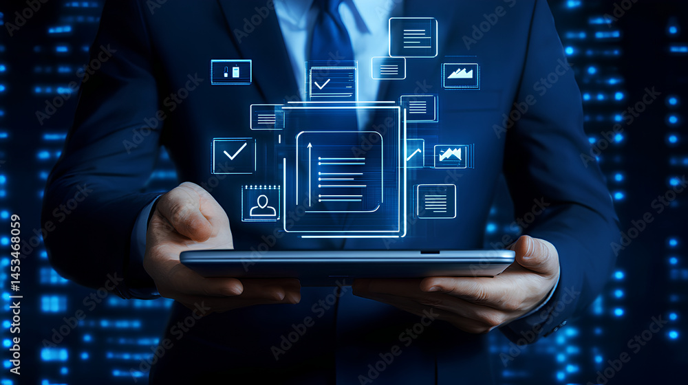 Poster business compliance of document management. document or file icons and checkmark. businessman stored