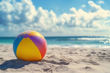 Vibrant beach ball on sunny sandy shore by the ocean waves, Colorful beach ball with sand on sunny beach, ocean in background