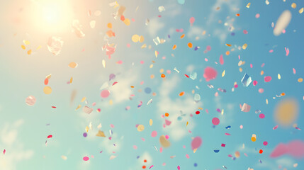 Pastel Birthday Celebration with Confetti and Balloons Sky Blue Party Background Joyful Atmosphere