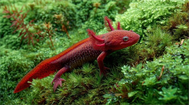 Red Eft Salamander on Mossy Forest Floor in Natural Habitat Close Up View Wildlife Nature Scene