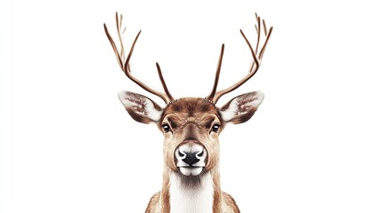 Close-up of a deer's head, full-face view, against a plain white background.  Detailed rendering of antlers, fur, and facial features
