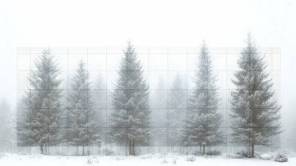 Fototapeta premium A gridded, misty, wintry forest scene with tall, snow-covered evergreen trees in the foreground