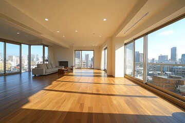 Obraz premium Spacious modern apartment interior with city views.