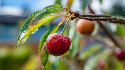 Obraz premium Ripe cherry glistening on a branch, embodying nature's fresh vitality 