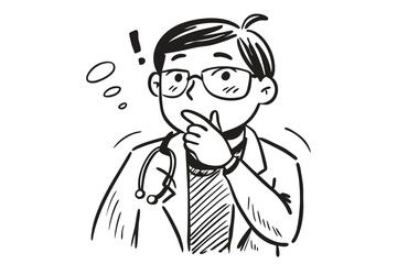 Cartoon Asian male doctor with glasses appears thoughtful while pondering a medical problem