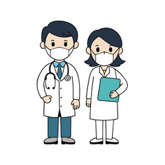 Fototapeta premium Cartoon Asian doctors wearing face masks standing together against a transparent background