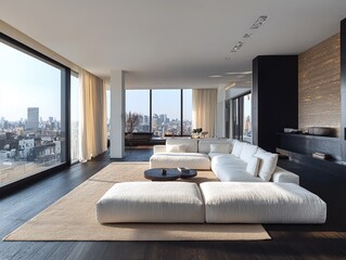 Modern penthouse living room with city views.