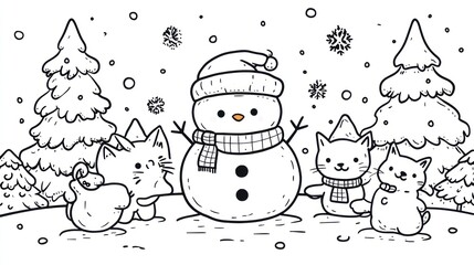 Cute snowman with cats in snowy winter scene.  Snowy landscape with evergreen trees, a large snowman, and two cats.  Falling snow
