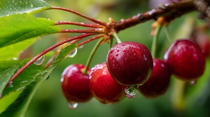 Obraz premium Ripe cherry glistening on a branch, embodying nature's fresh vitality 