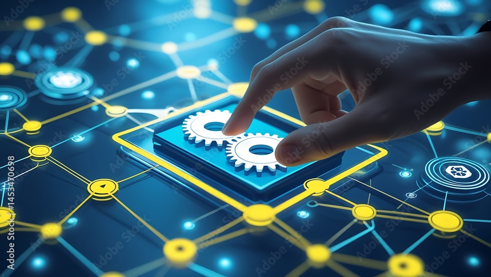 Poster hand interacting with digital gears on a network interface
