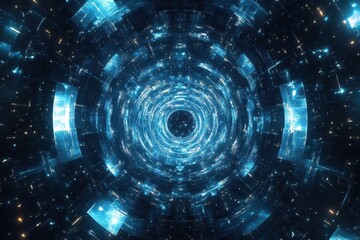 Obraz premium Majestic hyperspace fractal tunnel with bright digital elements swirling in a cosmic dance, Hyperspace fractal sky tunnel 3d, seamless