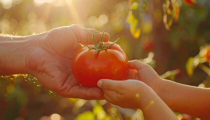 Handing Over Harvest: A symbolic moment of sharing and nurturing. a vibrant tomato is carefully passed between hands under a sunlit sky, celebrating the bounty of the harvest.