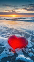 Fototapeta premium Romantic Heart in Ocean Waves at Sunset Symbolizing Love and Serenity on a Beach Holiday