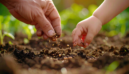 Hands of Time: An adult and child's hands sow seeds in rich soil, evoking themes of growth, guidance, and the beauty of shared experience. 