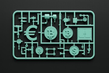 Fototapeta premium Abstract Model Kit Cryptocurrency Finance Euro Bitcoin Dollar Green Teal Plastic Parts Assembly Construction Business Technology Investment Banking Economic Global Market Financial Modern Design Money