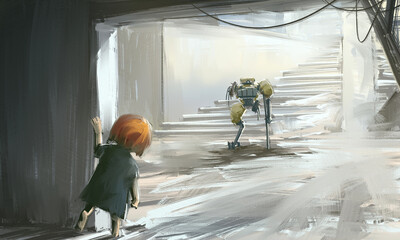 A heartwarming sci-fi illustration series depicting the bond between a young girl and a guardian robot in a post-apocalyptic world. 