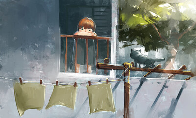 A heartwarming sci-fi illustration series depicting the bond between a young girl and a guardian robot in a post-apocalyptic world. 