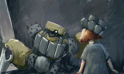 A heartwarming sci-fi illustration series depicting the bond between a young girl and a guardian robot in a post-apocalyptic world. 