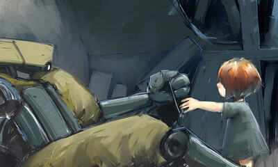 A heartwarming sci-fi illustration series depicting the bond between a young girl and a guardian robot in a post-apocalyptic world. 
