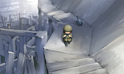 A heartwarming sci-fi illustration series depicting the bond between a young girl and a guardian robot in a post-apocalyptic world. 