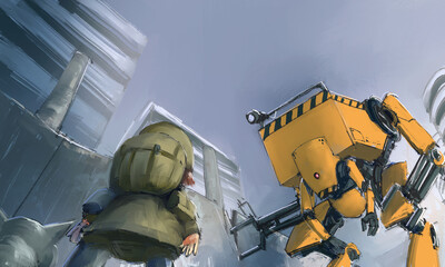 A heartwarming sci-fi illustration series depicting the bond between a young girl and a guardian robot in a post-apocalyptic world. 