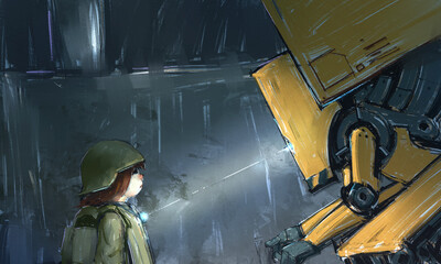 A heartwarming sci-fi illustration series depicting the bond between a young girl and a guardian robot in a post-apocalyptic world. 