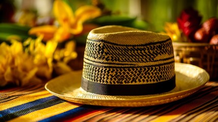 Golden sombrero vueltiao with black patterns on Colombian flag textile, celebrating cultural heritage and national pride.

